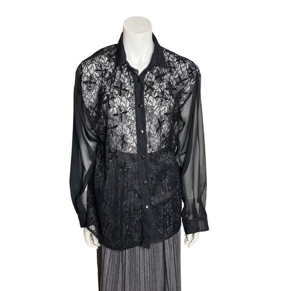 Effeci Tops - Vintage 90s effeci Shirt Women's Small Lace Sequins Black Sheer